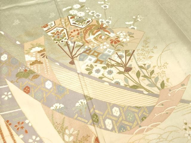 平和屋着物▽訪問着　単衣　扇面鳳凰花文　暈し染め　金彩　正絹　逸品　AABG8434ck 平和屋着物▽訪問着 単衣 扇面鳳凰花文 暈し染め 金彩 正絹 逸品