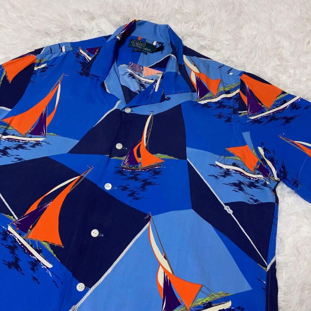 RALPH LAUREN 半袖シャツ アロハ 開襟 ヨット 青 紺 L - メルカリ