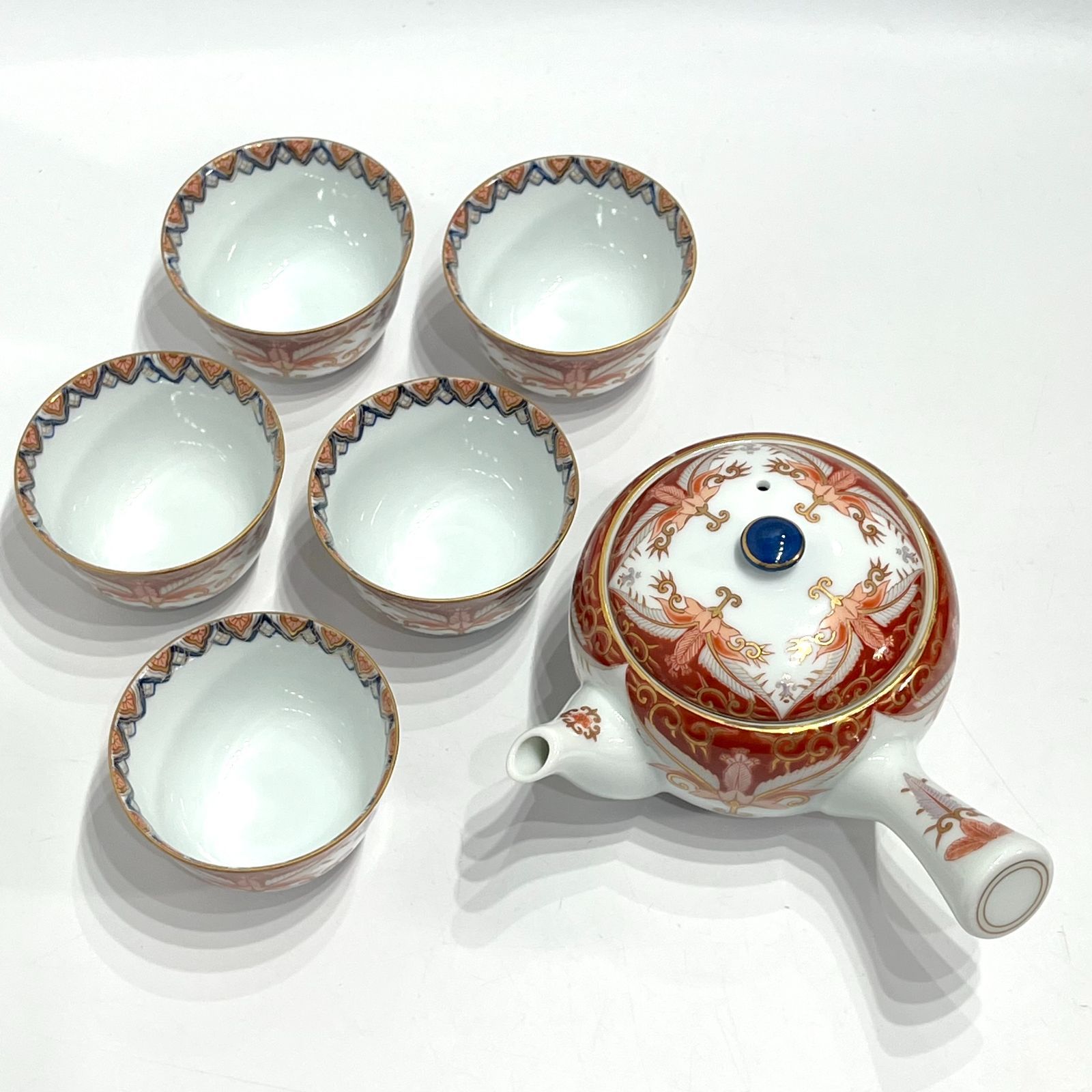 有田焼 其泉窯 造 赤濃金彩唐草茶器揃 鹿鳴館シリーズ 急須1・湯呑×5客