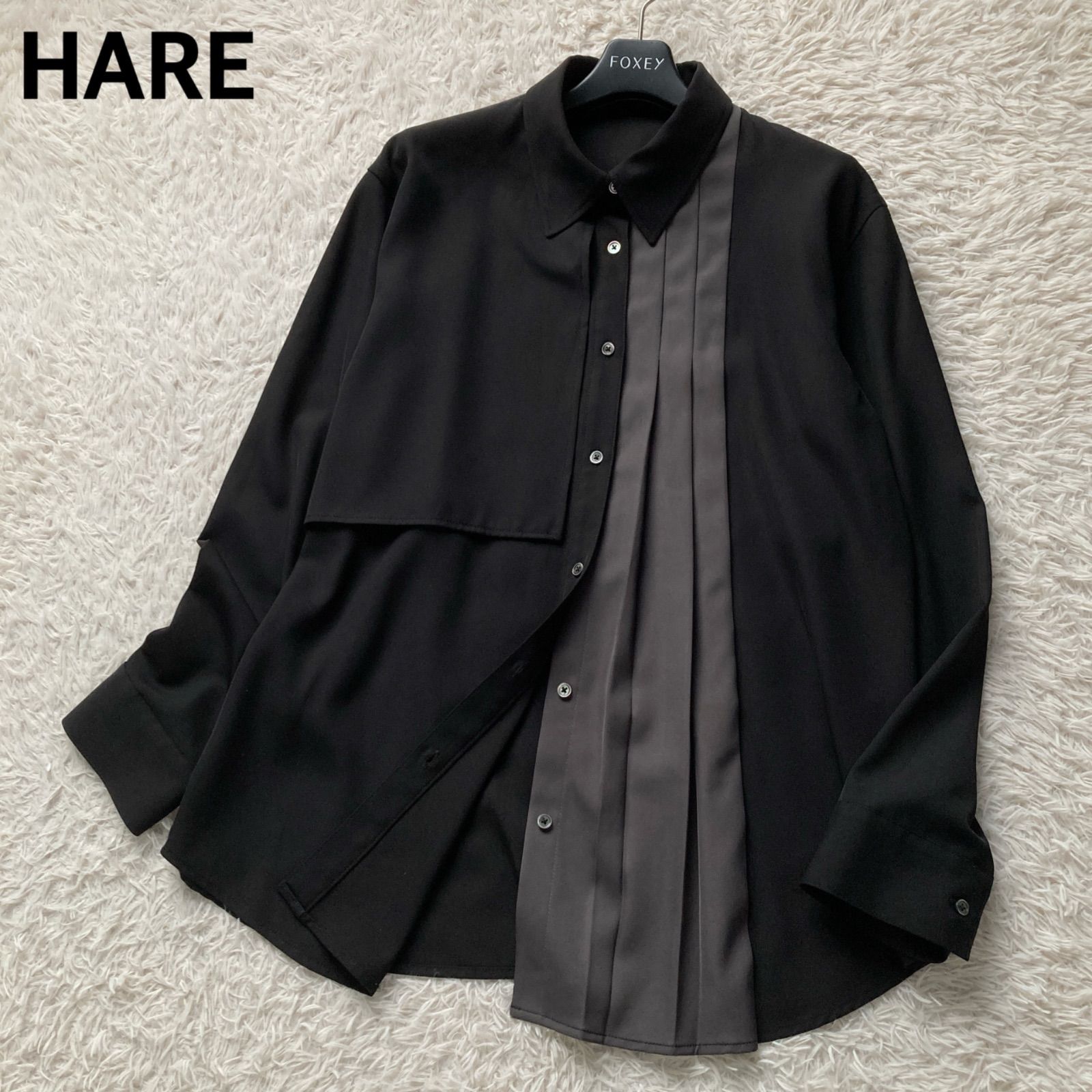 HARE アシンメトリープリーツシャツ ブラック ダマスク柄 切替デザイン