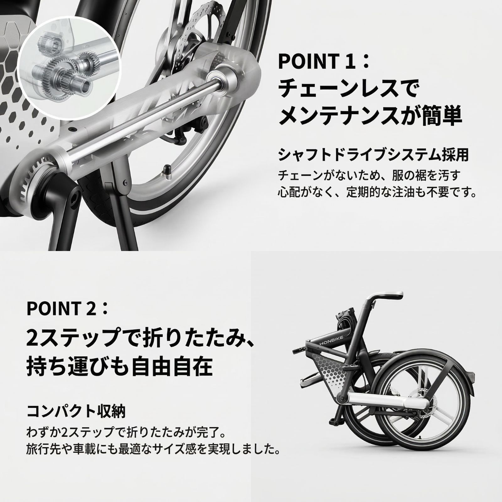 電動自転車 折りたたみ 20インチ HONBIKE チェーンレス 電動アシスト