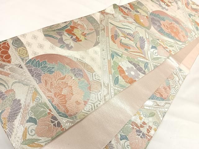 平和屋着物◎佐賀錦 六通柄袋帯 格天井花鳥図 銀糸 正絹 逸品