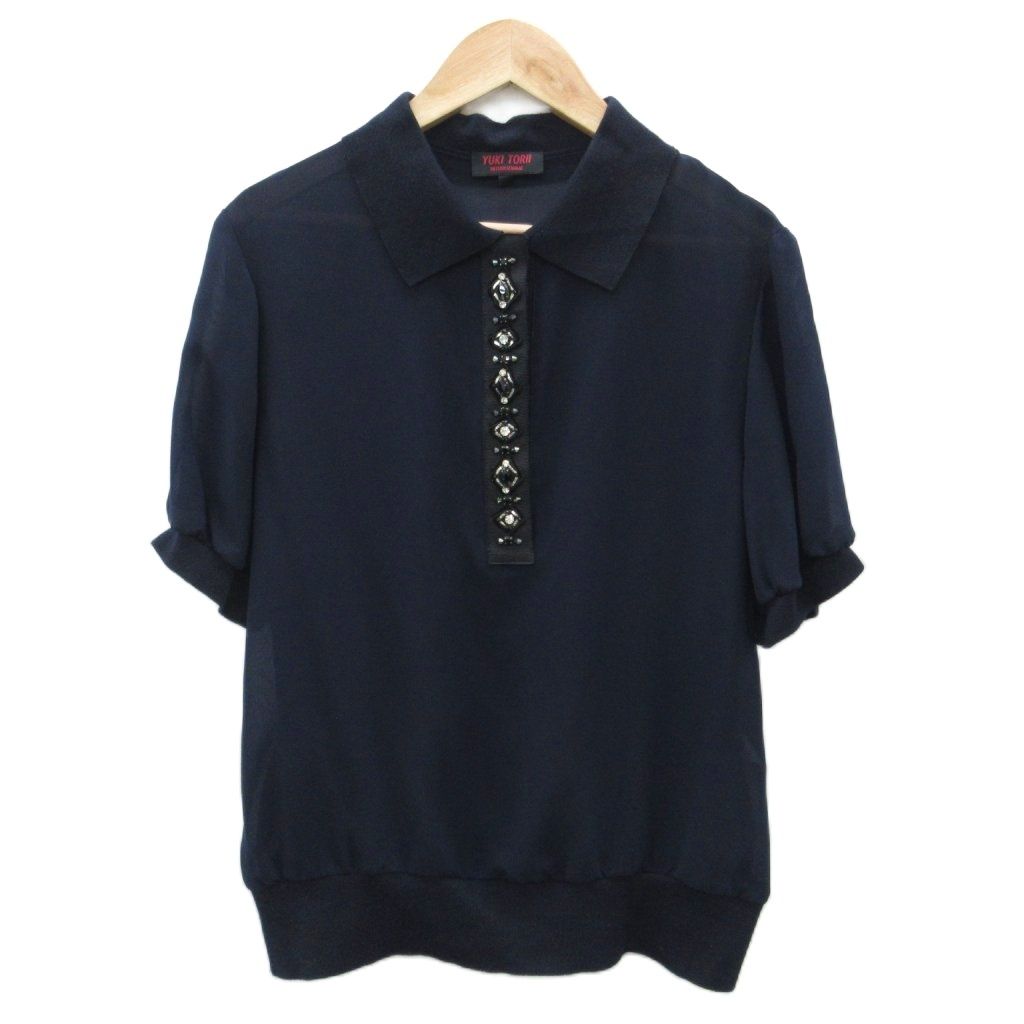 超美品 YUKI TORII ユキトリイ Gプリーツ シワ加工 半袖ブラウス40 ユキトリイ YUKI TORII ブラウス カットソー 40 L 紺 半袖 シースルー