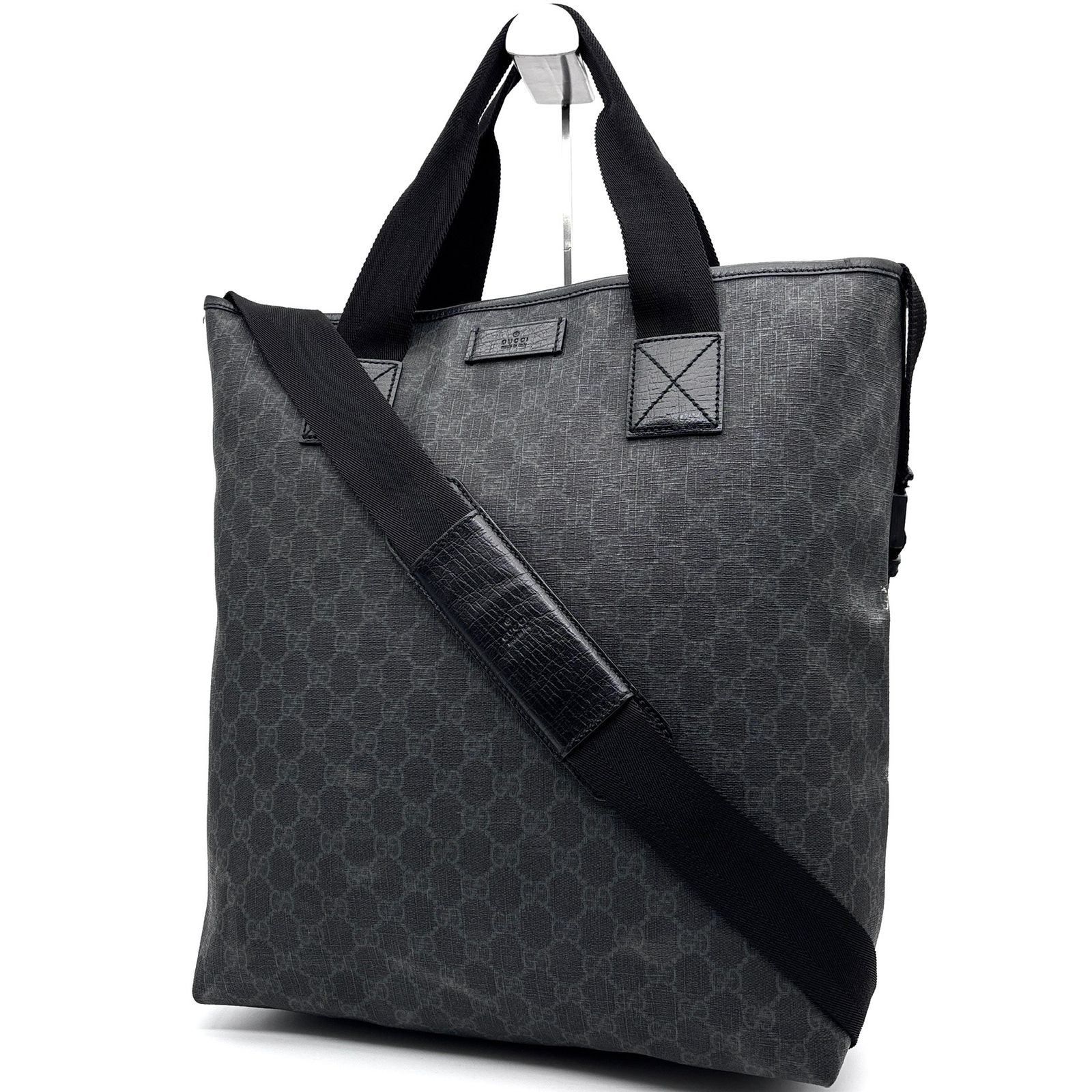 상태 양호 GUCCI 구찌 GG 슈프림 토트 백 숄더백 양방향 대각선 걸이 PVC 가죽 블랙 그레이 A4 호환 PC 수납 비즈니스 백 남성용 여성용 유니섹스 커뮤터 백 토탈 패턴 로고 레어 트래블 서브 백