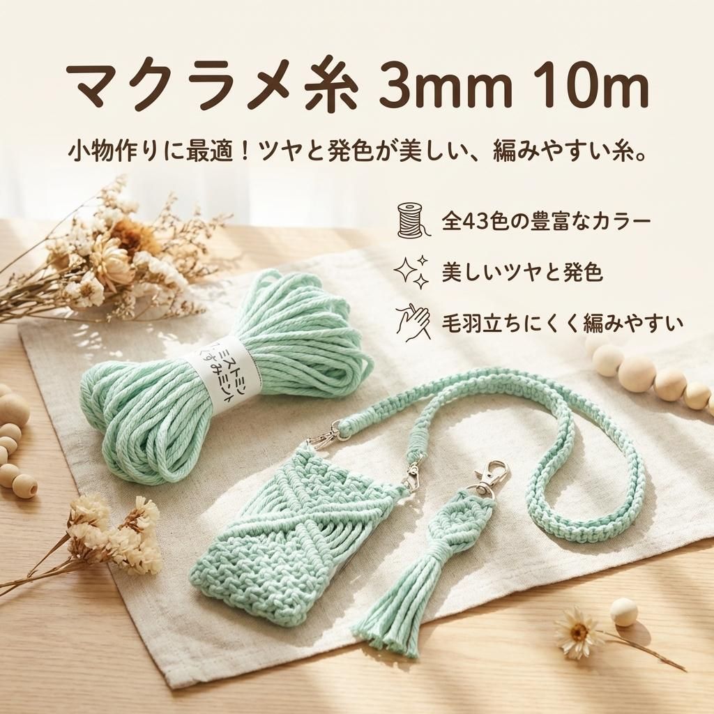 10m×15束セット】マクラメ糸 ロープ ヤーン 3mm 全43色 コットン 綿