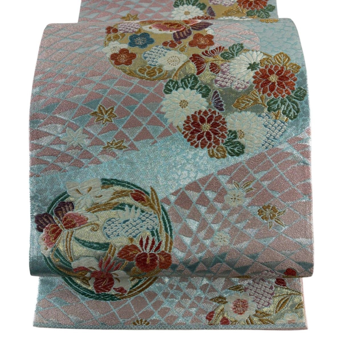袋帯 秀品 振袖向き 花丸文 蝶 金糸 箔 水色 六通 正絹 【中古