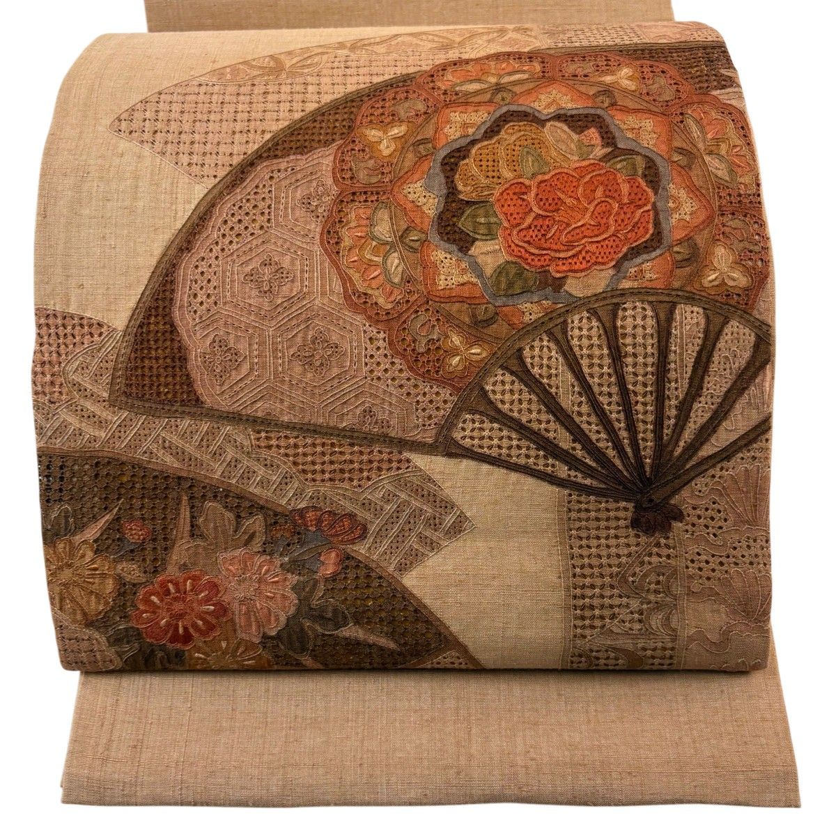 袋帯 美品 秀品 紬地 孔雀 蜀江文 刺繍 朱色 お太鼓柄 正絹 【中古 