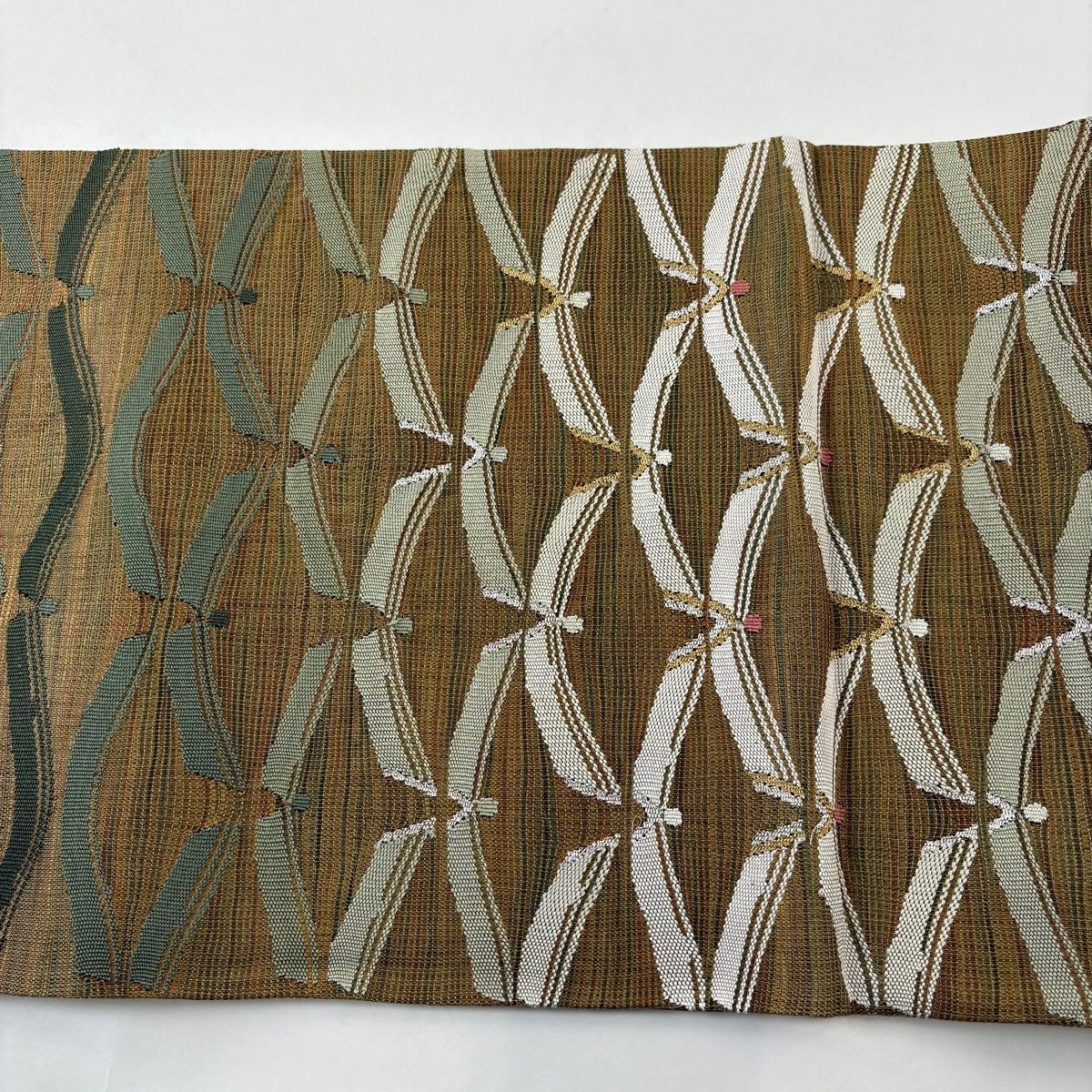 袋帯 美品 秀品 草花 幾何学模様 刺繍 金彩 山吹茶色 お太鼓柄 正絹 
