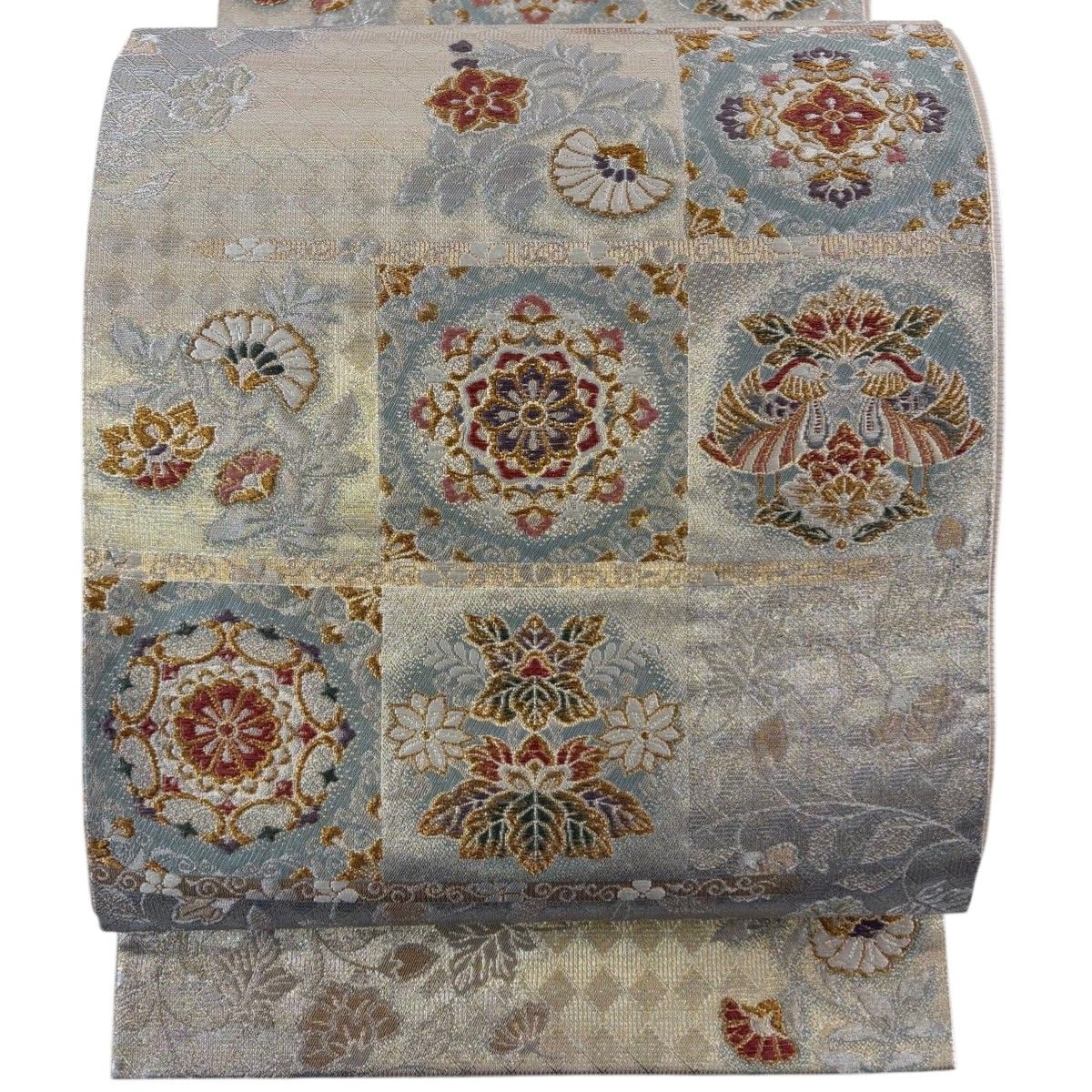 袋帯 美品 秀品 七宝華文 鳥 金銀糸 唐織 灰緑 六通 正絹 中古