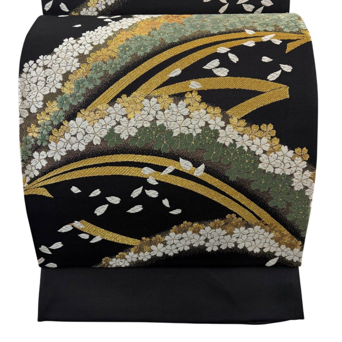美品】 袋帯 秀品 証紙 桜 松葉 箔 金糸 黒 六通 正絹 【中古 美品】 袋帯 秀品 証紙 桜 松葉 箔 金糸 黒 六通 正絹 【中古
