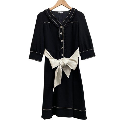 極美品　TO BE CHICトゥビーシック 40 M フリル＆リボンワンピース トゥービーシック TO BE CHIC 五分袖ワンピース 毛100% リボン フリル