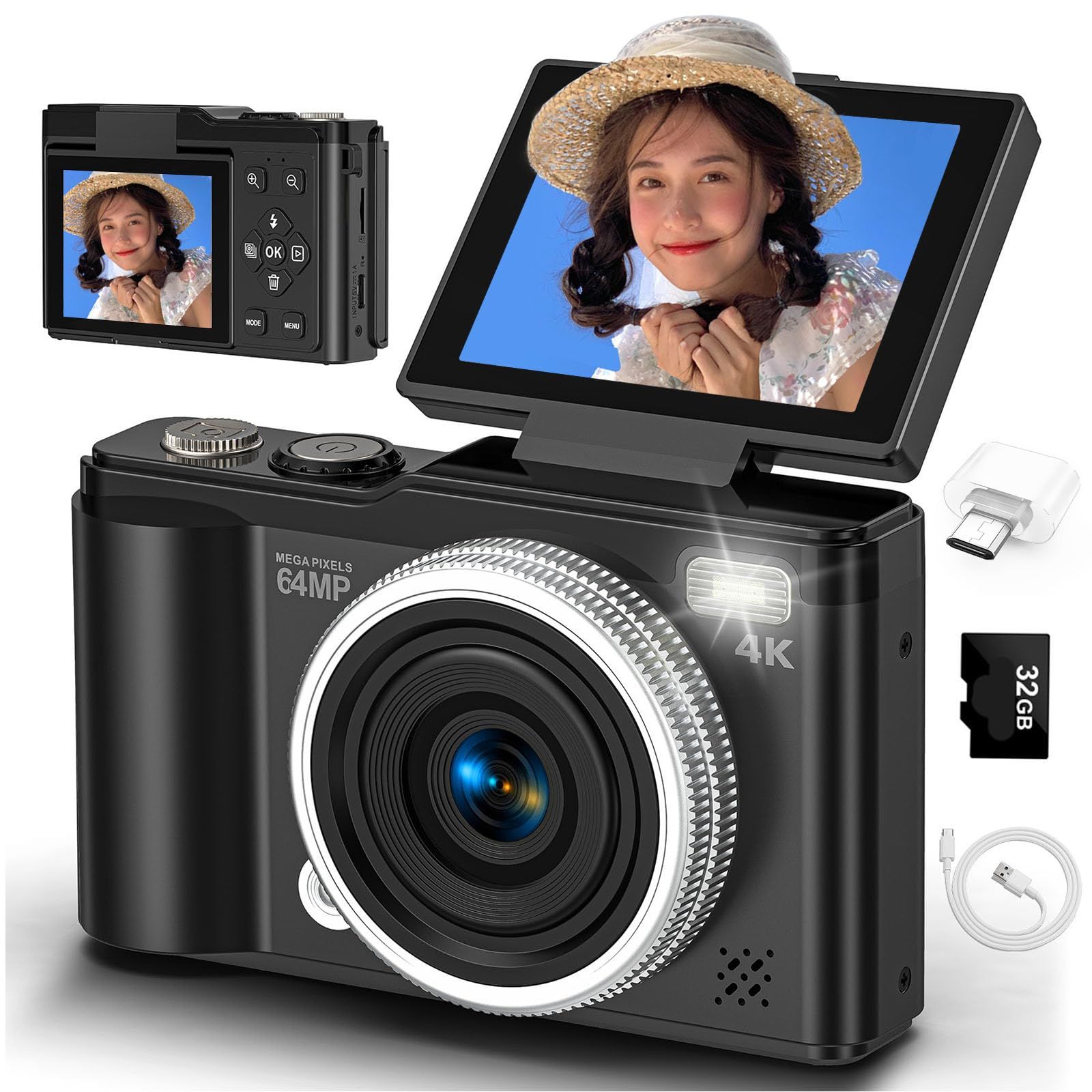 デジカメ 4K デジタルカメラ 6400万画素 180度回転可能ディスプレイ 自 