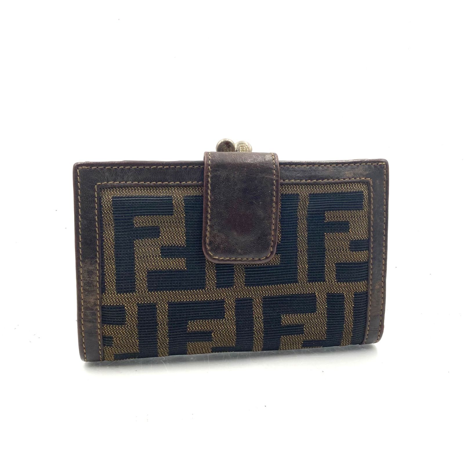 FENDI フェンディ ズッカ がま口二つ折り財布 キャンバス×レザー 