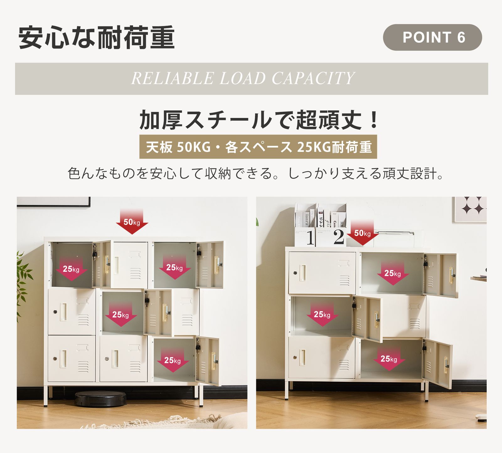 ロッカー おしゃれ スチールロッカー6人用 ホワイト 鍵付き スペアキー