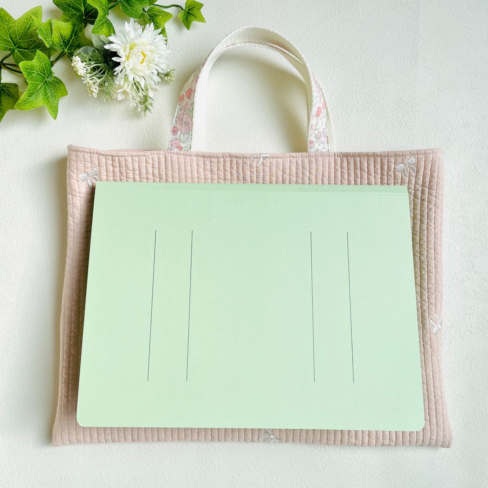 いちご刺繍ヌビ×リバティのレッスンバッグ 30cm×40cm 韓国生地の