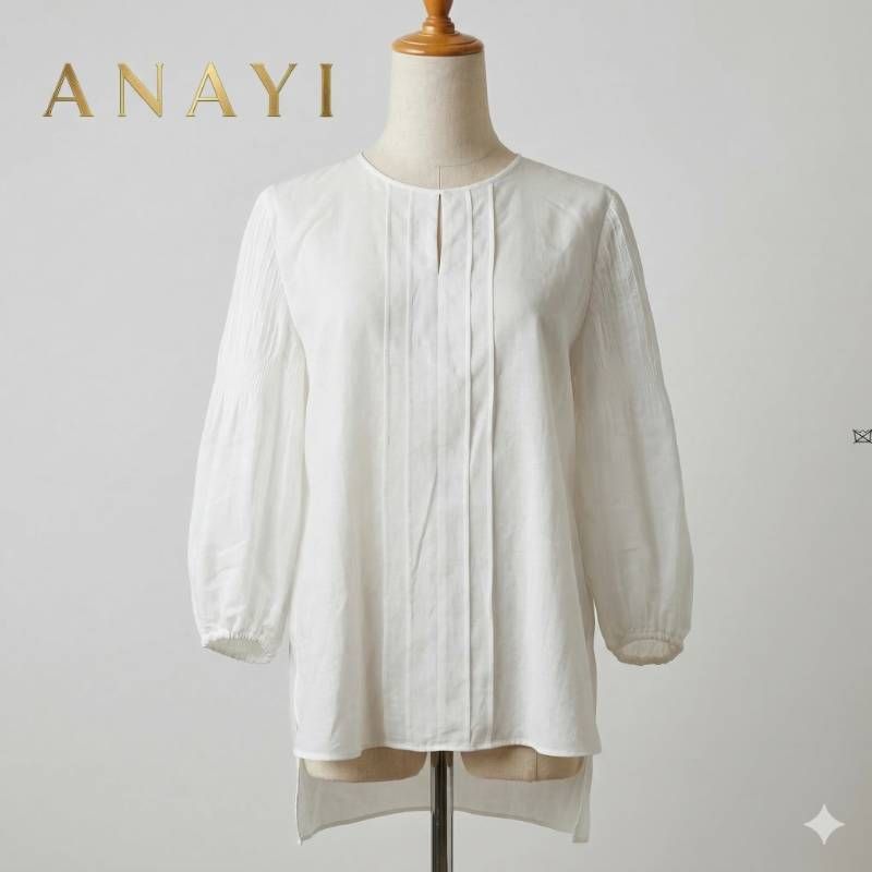 ANAYI アナイ プリーツ ブラウス 38 M 白 トリアセテート 綿 日本製 七 