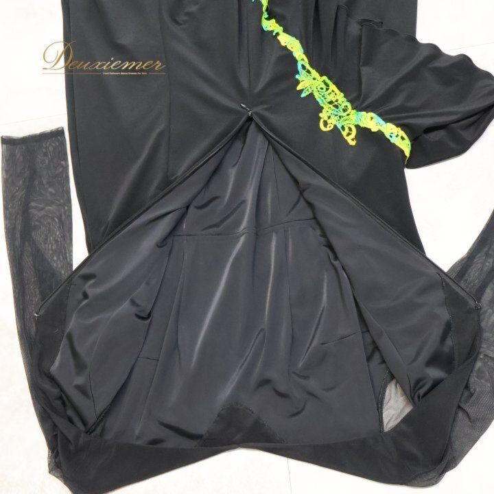 【美品社交ダンス衣装】ワンピース ドレス クジャク 黒 緑 グリーン ラメ 黄色 美品社交ダンス衣装】ワンピース ドレス クジャク 黒 緑 グリーン ラメ