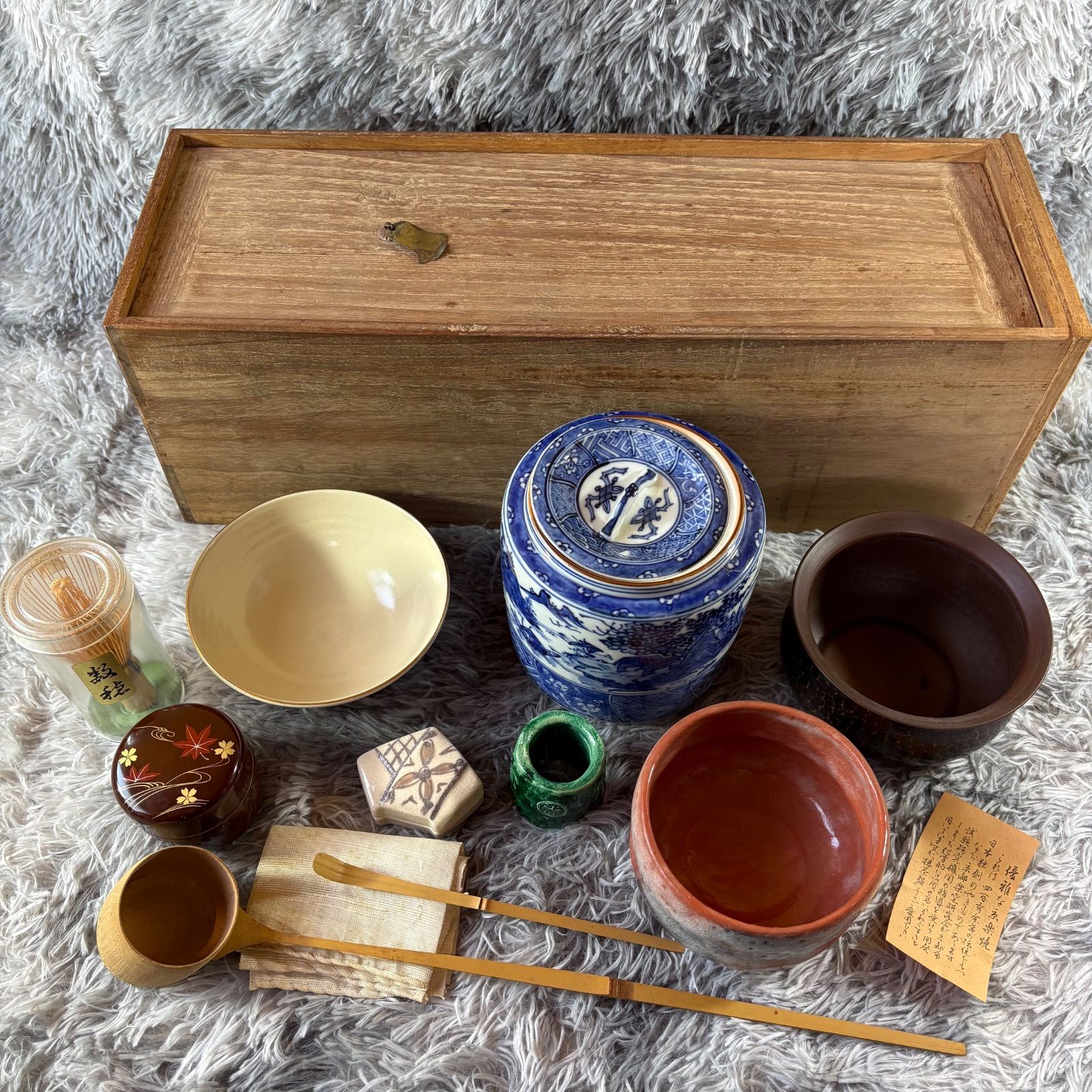茶道具 お点前セット 短冊箱 祥瑞手水香合 黒柿茶杓 京焼茶碗建水