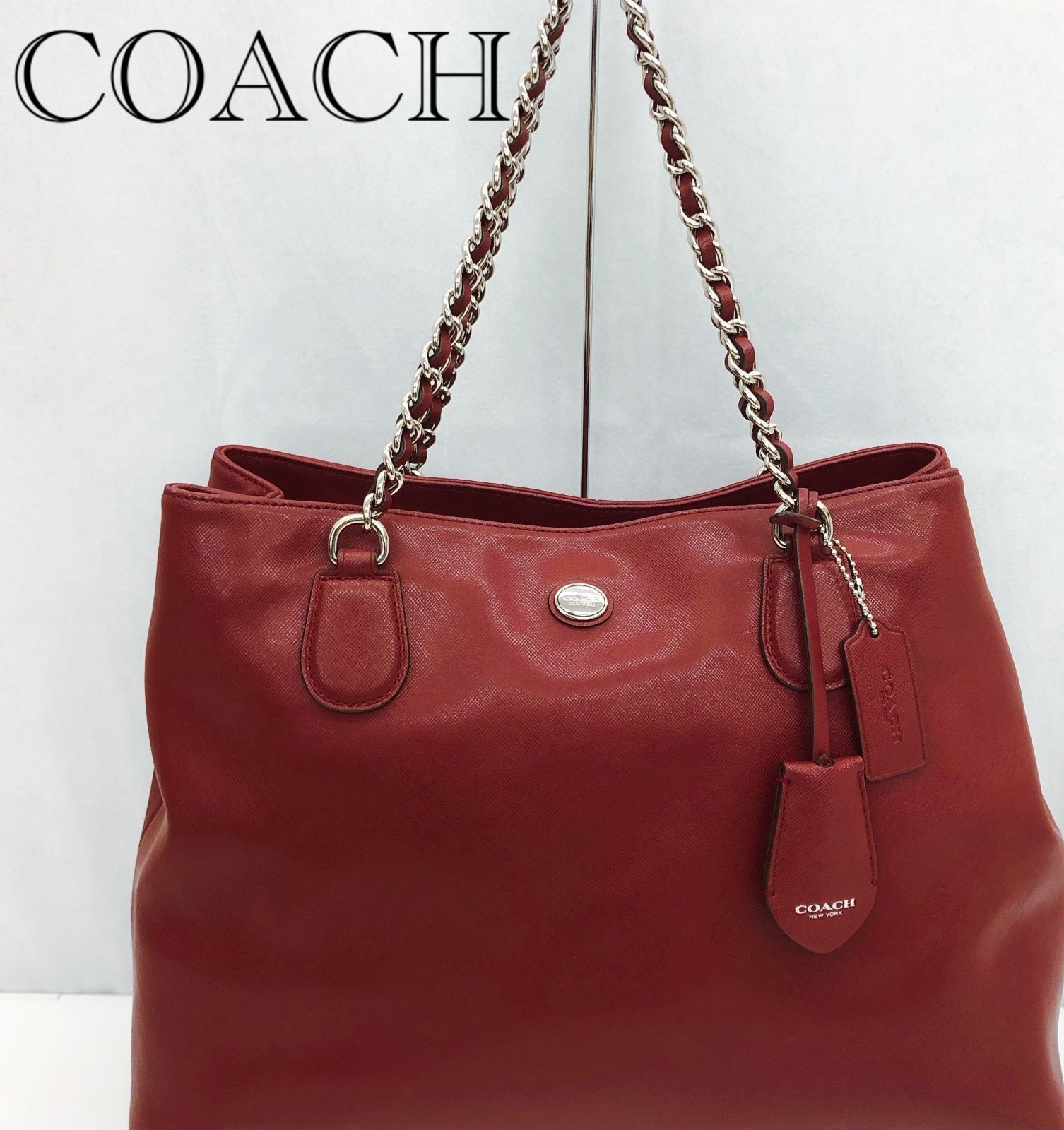 美品　COACH レッド トートバッグ COACH コーチ レザー トートバッグ レッド レディース S レッド