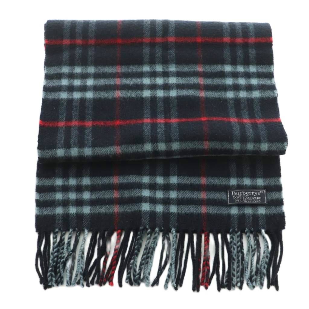 バーバリーズ マフラー チェック柄 フリンジ カシミヤ 紺 赤 ■GY11 バーバリーズ Burberrys マフラー チェック柄 フリンジ カシミヤ 紺 赤
