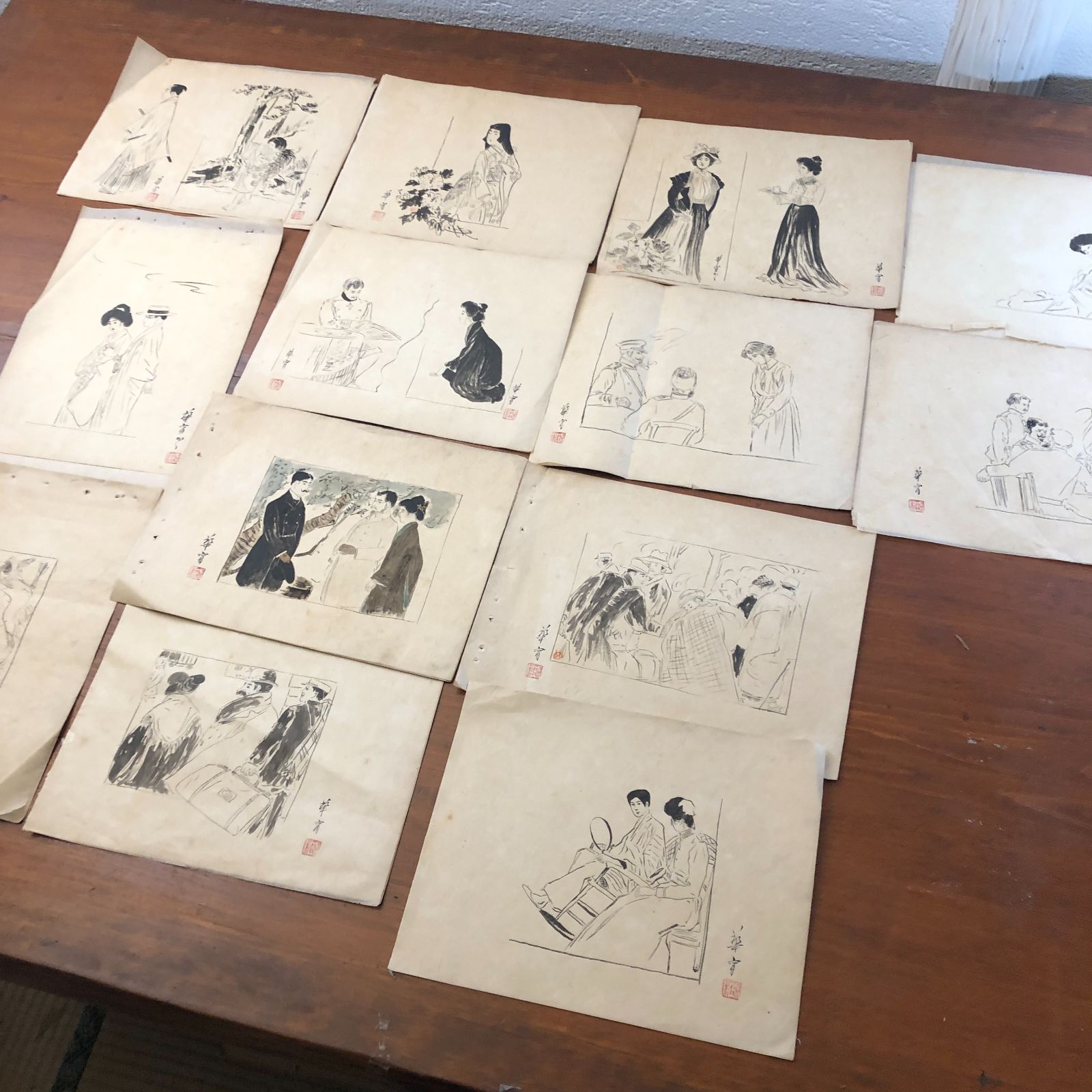 華宵」署名落款 挿絵原画 13枚 高畠華宵？ ☆肉筆画/原稿/線前/雑誌
