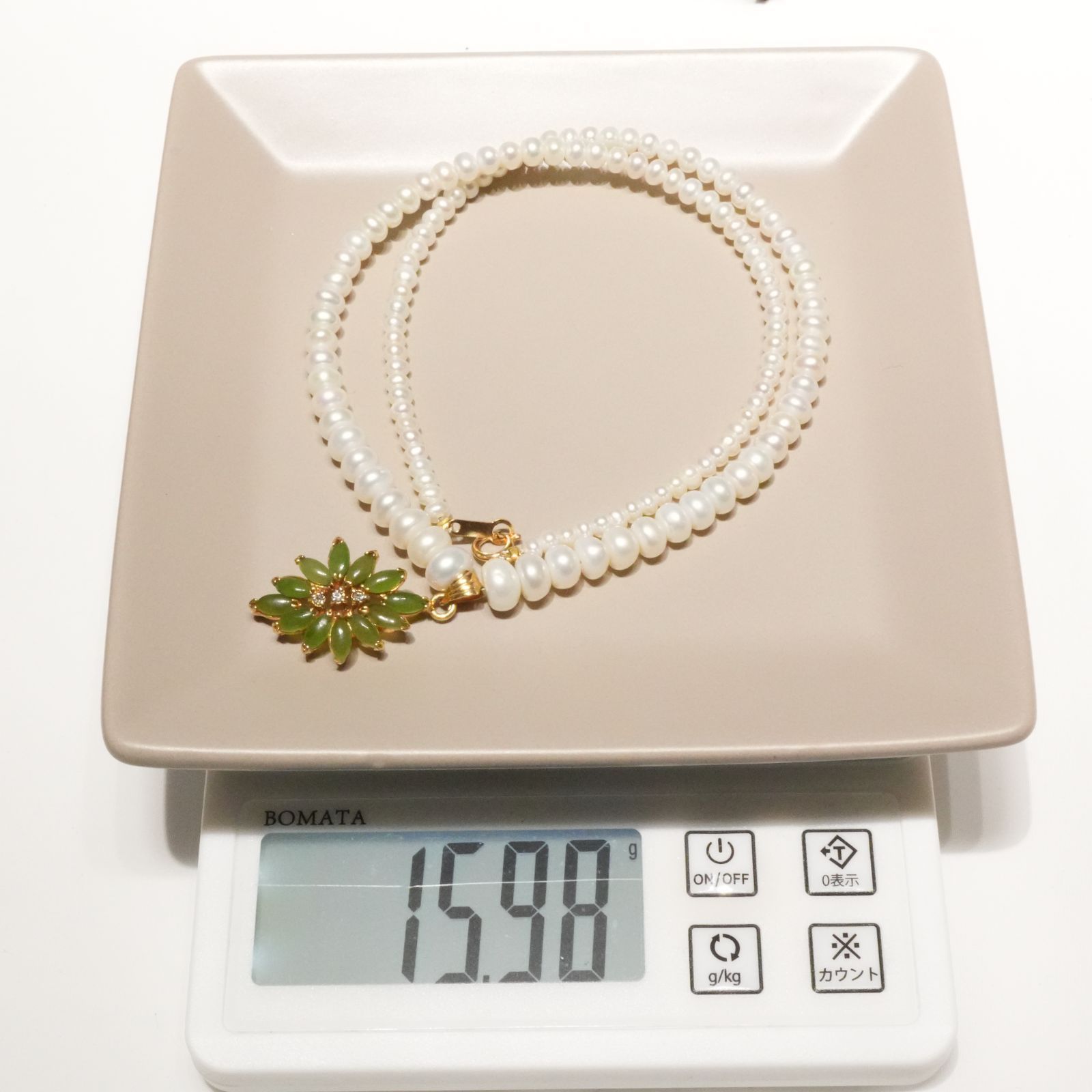 淡水パール フラワー ネックレス グリーン ストーン K18 /24-5739M 