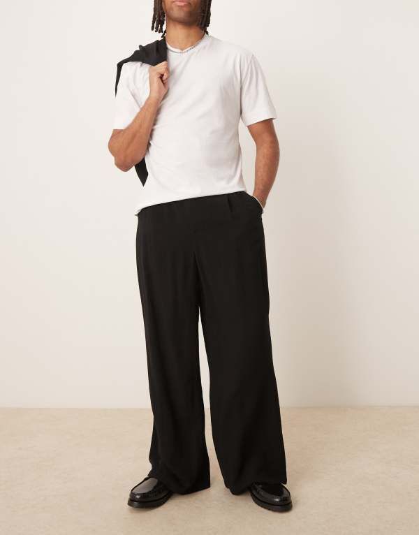 エイソス メンズ ボトムス カジュアルパンツ パンツ リネン  DESIGN horseshoe fit linen look smart pants set Black ブラック