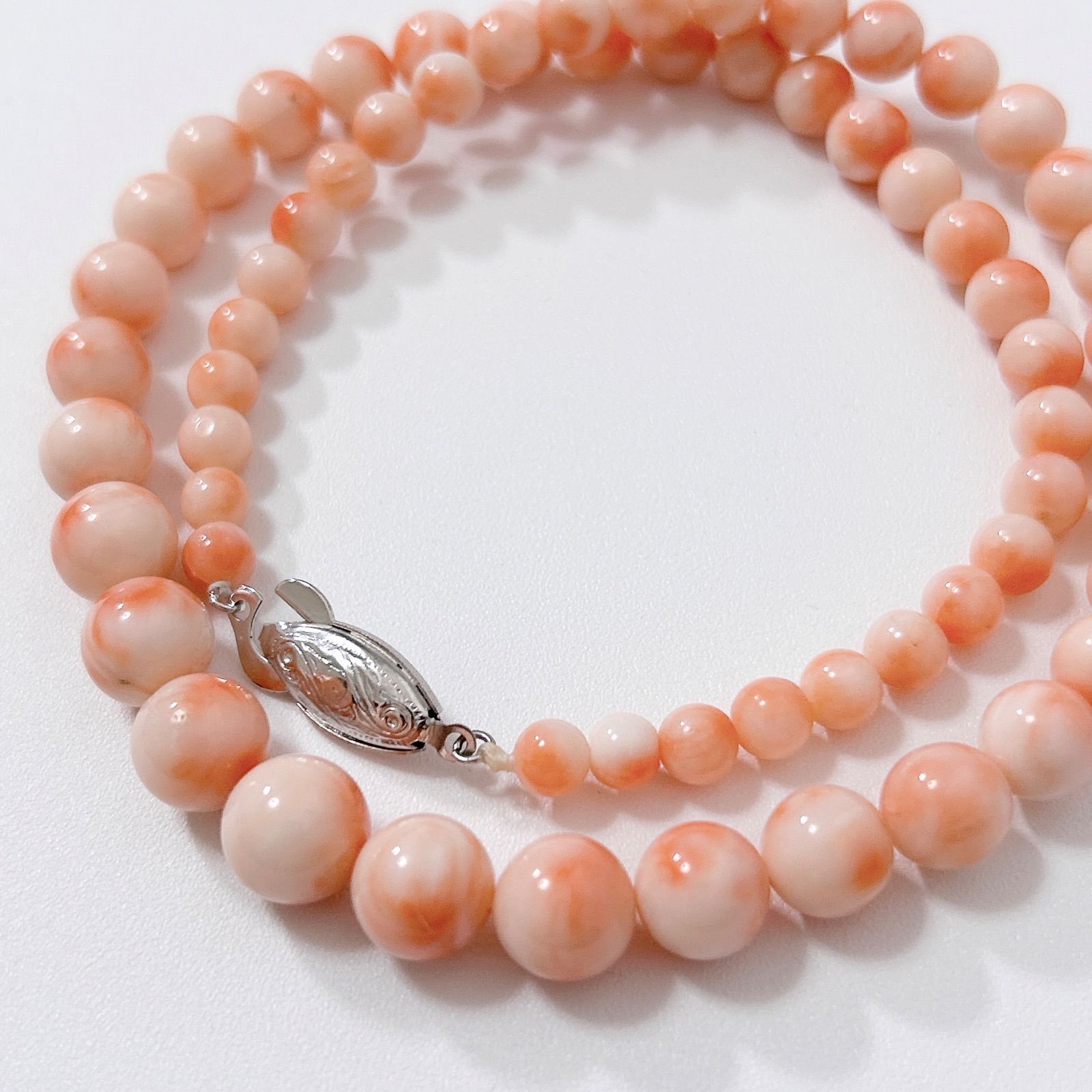 ま*お様 艶々✨ピンク珊瑚 丸玉 2.4-7.2mm グラデーションネックレス 艶々✨ピンク珊瑚 丸玉 2.4-7.2mm グラデーションネックレス k18金具