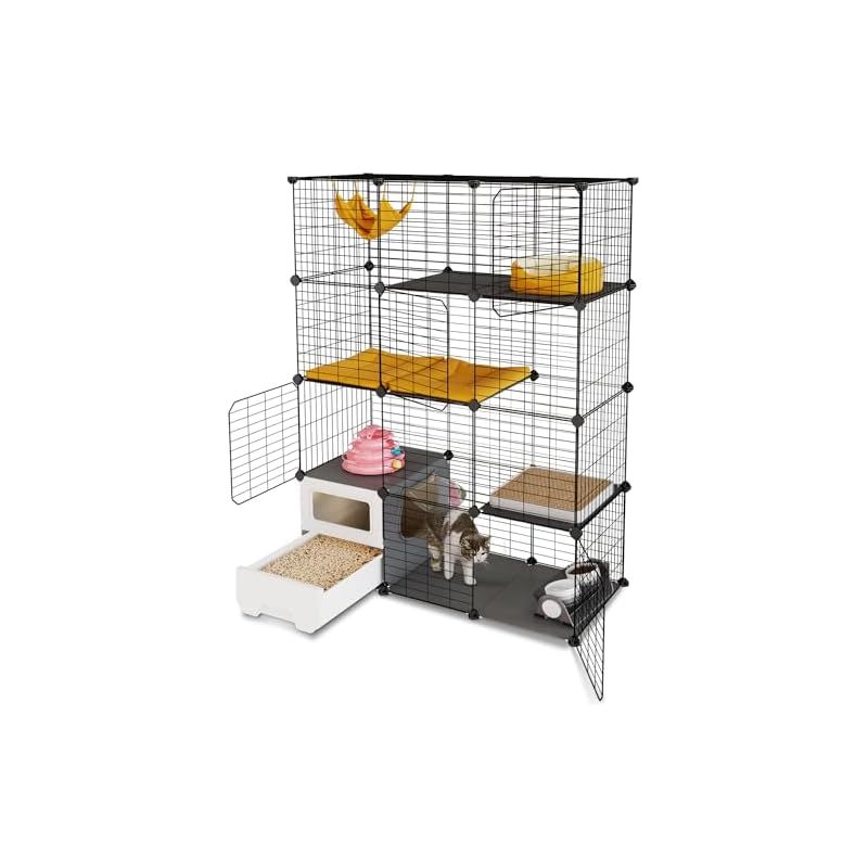 Topzoo 猫 ケージ トイレ付き 高さ143×幅107×奥行き45cm トイレ一体型 防臭 飛散軽減 3段 引き出し スコップ付き 掃除しやすい キャットケージ 組立簡単 猫用ケージ 大型 幅広 多頭飼い 脱走防止 コンパクト 子猫 保護用 室内用 日 1