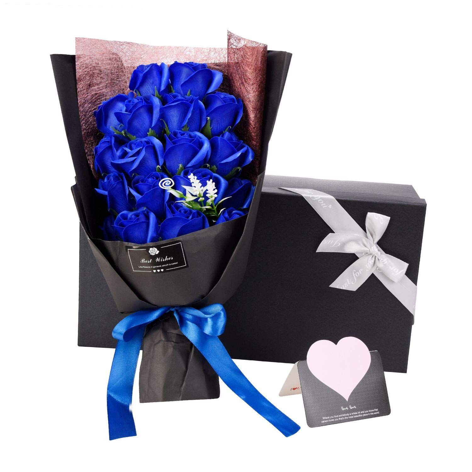新品 ソープフラワー AlfaView 花束 ギフト バラ ユリ 枯れない花 お祝い 結婚祝い プロポーズ プレゼント 結婚記念日 バレンタインデー 誕生日祝い 母の日 敬老の日 カード付き（18本） (青)