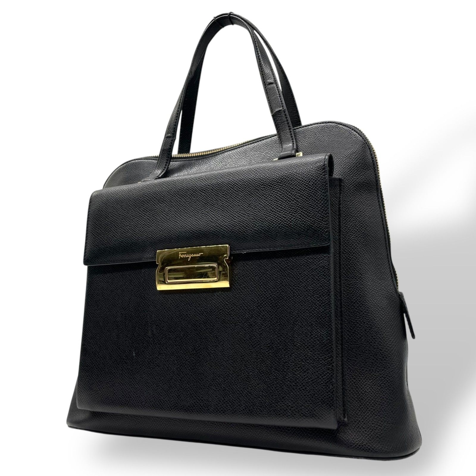 美品) Ferragamo(フェラガモ)ハンドバッグ レザー ブラック A4｜Yahoo 