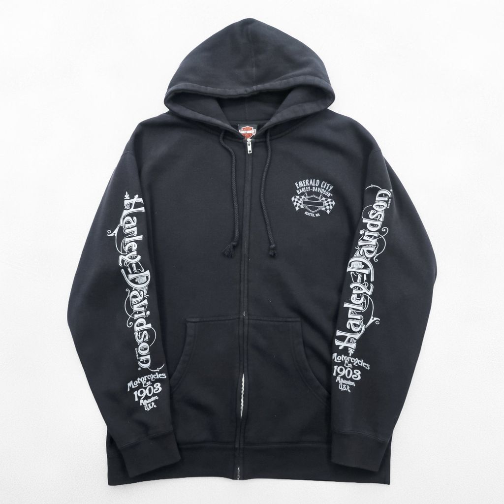 HARLEY DAVIDSON ジップパーカー L ブラック スリーブ プリント バック 