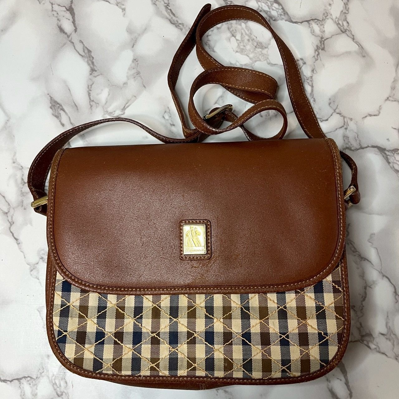 アクアスキュータム Aquascutum チェック レザー ショルダーバッグ 