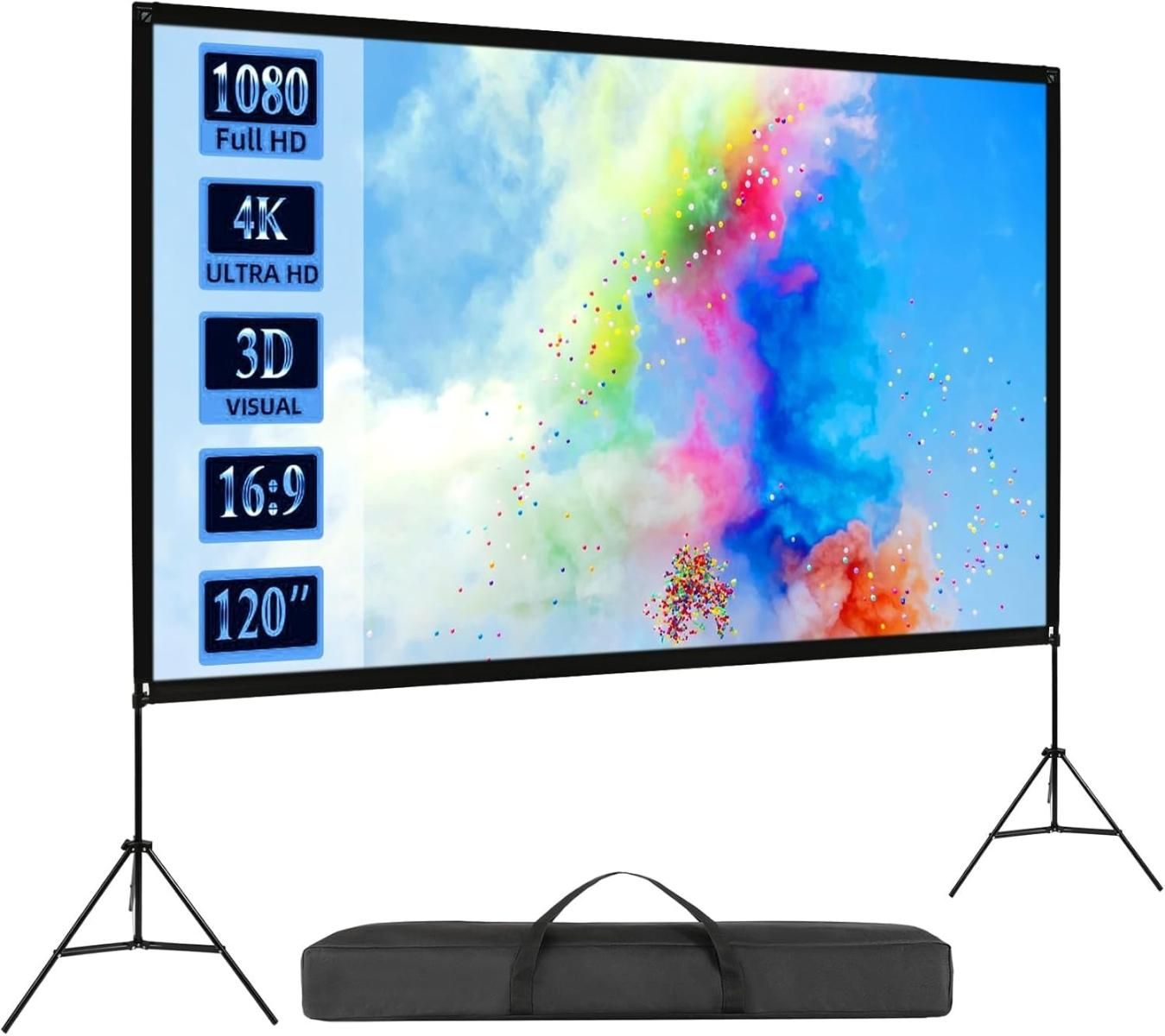 【未使用】VISULAPEX 工型スタンド付き プロジェクタースクリーン 16:9 4K対応 自立式スクリーン projector screen 壁掛け 持ち運び 折りたたみ式 視野角179° 防しわ加工※外箱ダメージ品