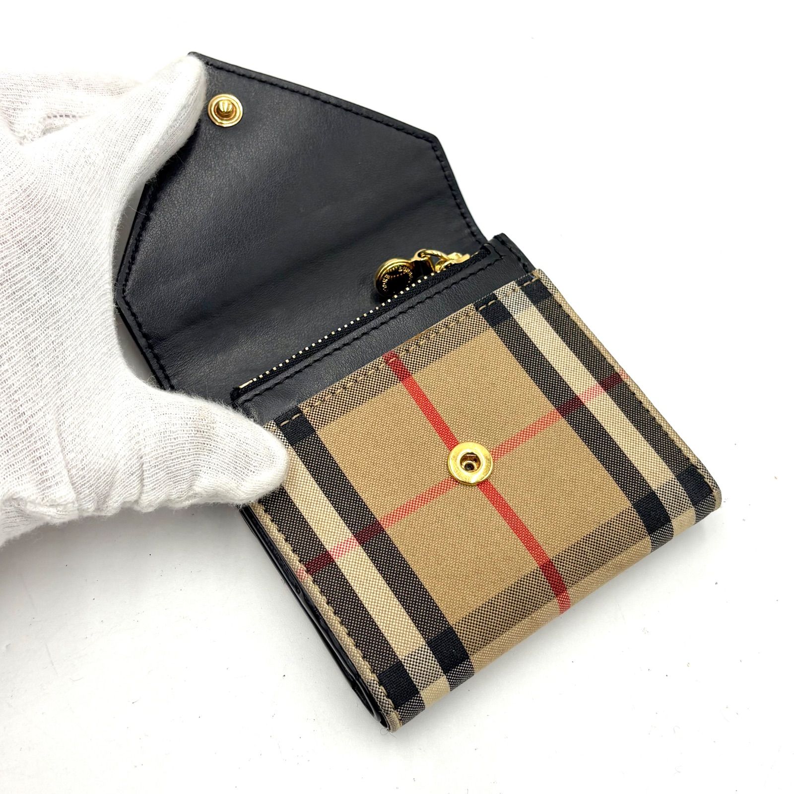 【極美品】BURBERRY☆ノバチェック　金ボタン　三つ折り　コンパクト　財布 極美品◎Burberry バーバリー ホースチェック ノヴァチェック 三つ折り
