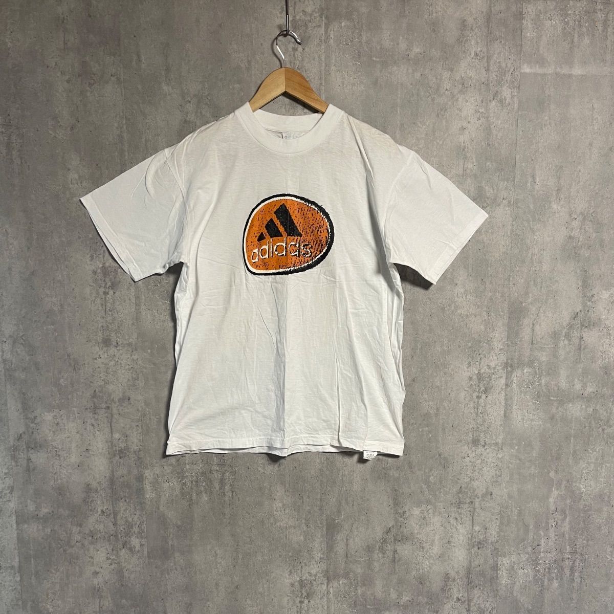 レア】90s アディダス Tシャツ L センターロゴ 白 オレンジ 希少 