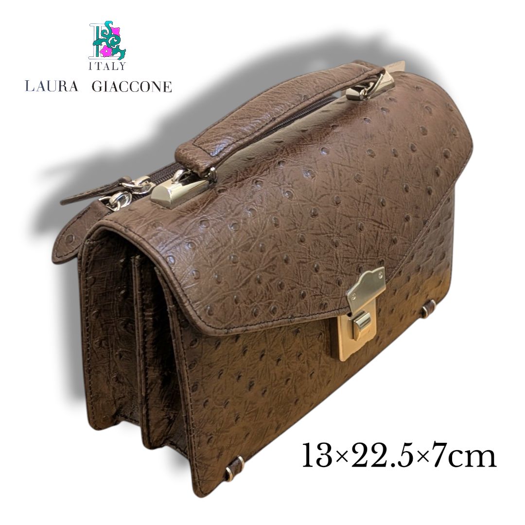 LAURA GIACCONE ラウラジャコーネ オーストリッチ型押し 牛革 セカンドバッグ 財布一体型 ブラウン 新品 未使用 現品限り