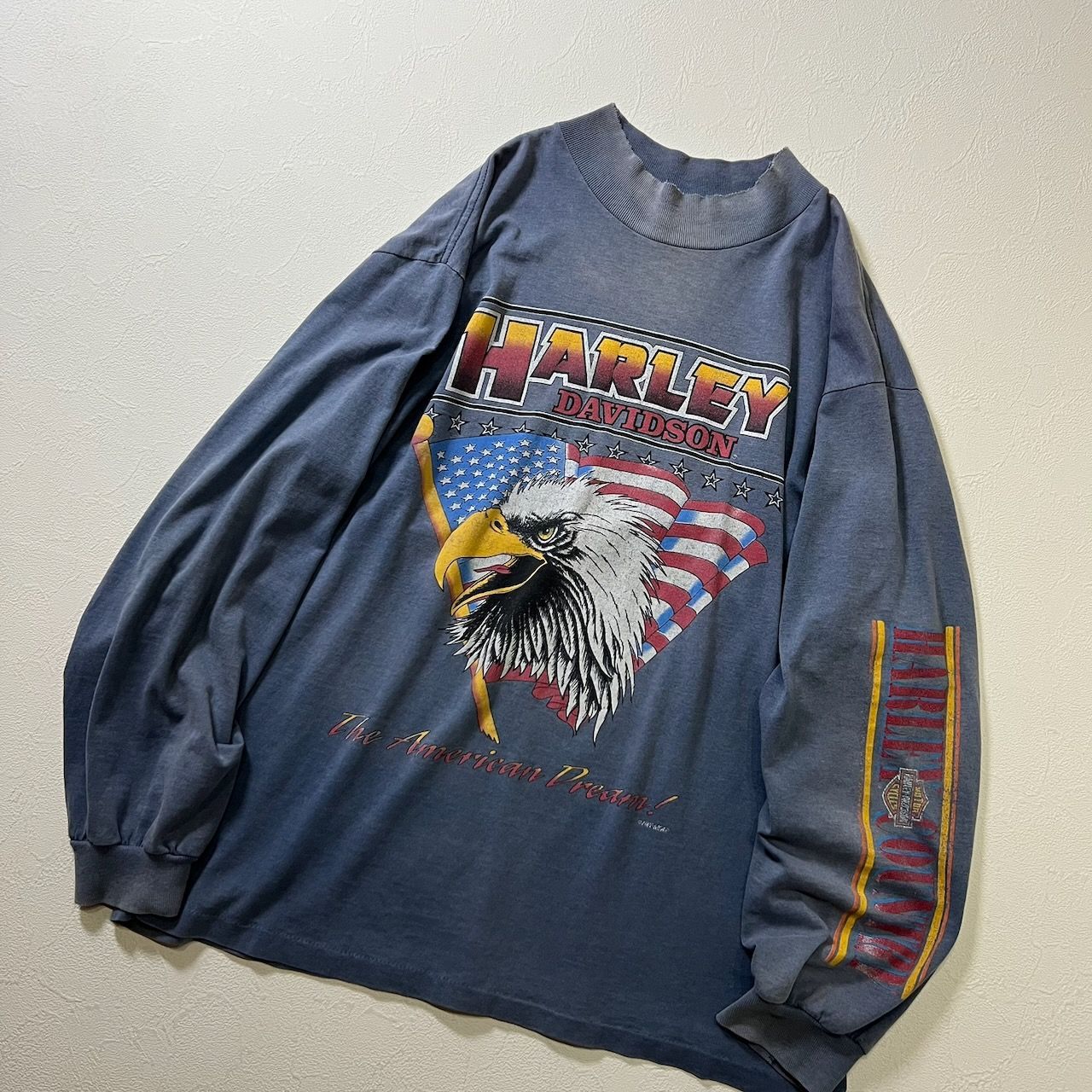 90s USA Harley-Davidson フェード 袖プリント イーグル 星条旗 ロンT 