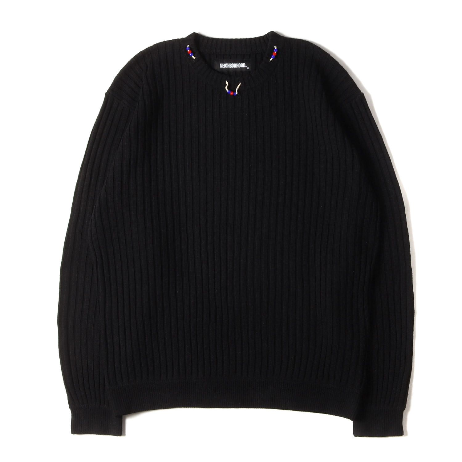 NEIGHBORHOOD ネイバーフッド ニット ブラック 黒 サイズ:XL | 20AW 革紐ビーズ付き クルーネック リブ編み ニット (RIB/EA-KNIT.LS) | トップス セーター【メンズ】【中古】 NEIGHBORHOOD ネイバーフッド ニット ブラック 黒 サイズ:XL | 20AW 革