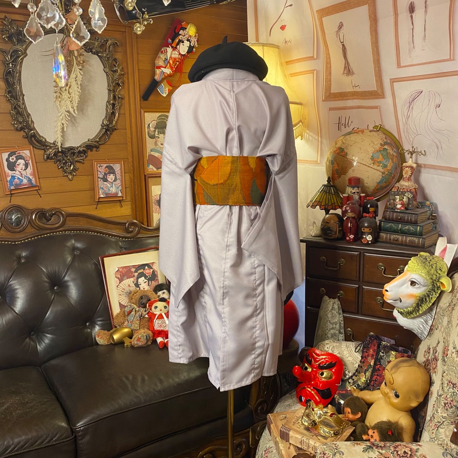 単衣着物リメイク  ミニミディワンピース／ドレス／洗える化繊 名古屋帯サッシュベルト 灰紫の深淵とモノクローム・シグナル KW-1351 単衣着物リメイク ミニミディワンピース／ドレス／洗える化繊 名古屋帯