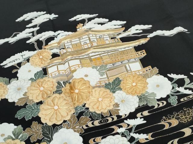 平和屋着物□豪華黒留袖 正絹 駒刺繍 暈し染め 飛鶴風景