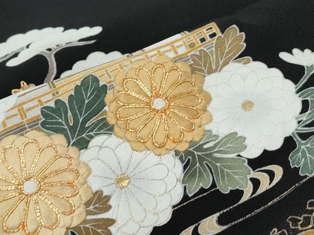 平和屋着物□豪華黒留袖 正絹 駒刺繍 暈し染め 飛鶴風景