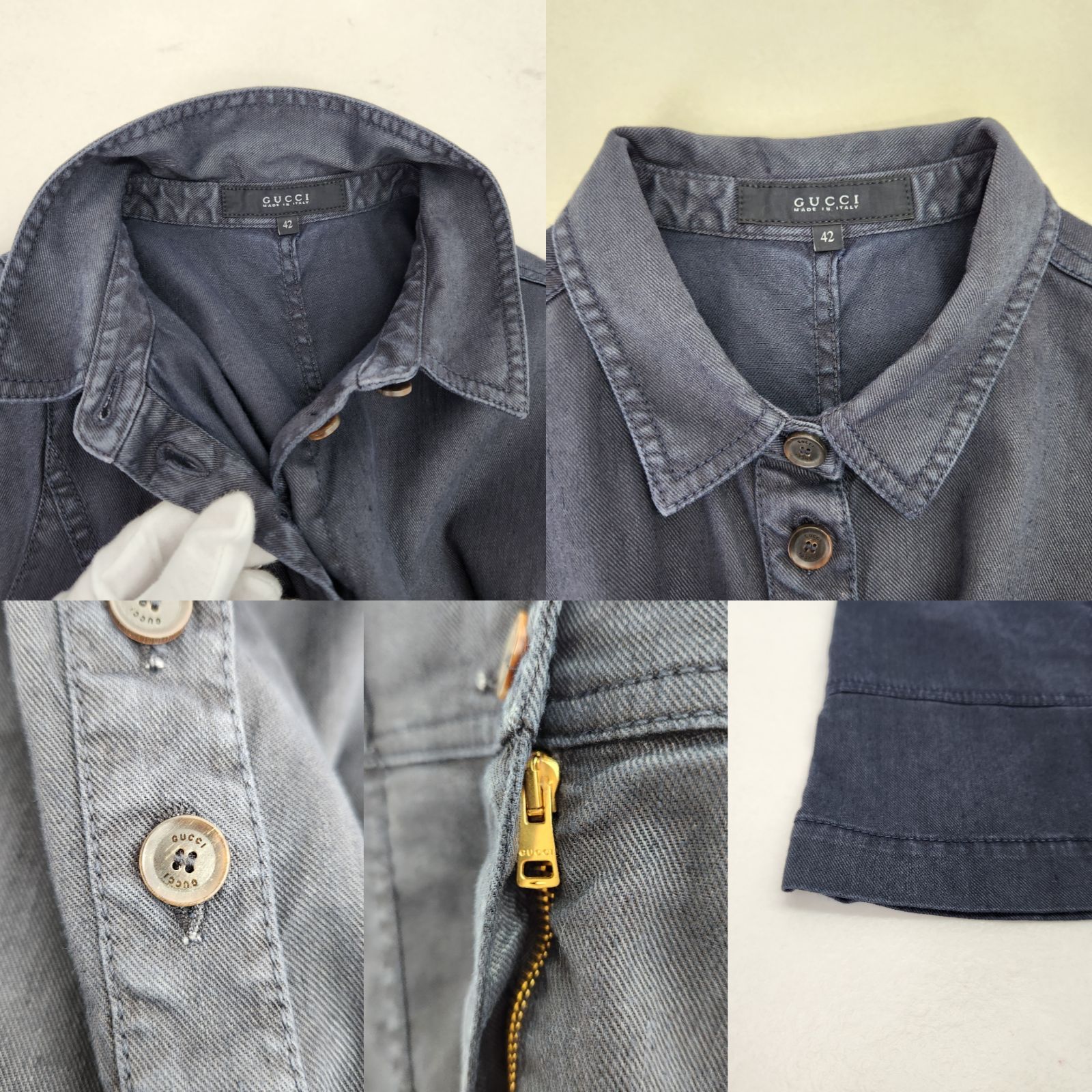 GUCCI デニムワンピース トムフォード期 レザーロゴワッペン 綿 麻 42 