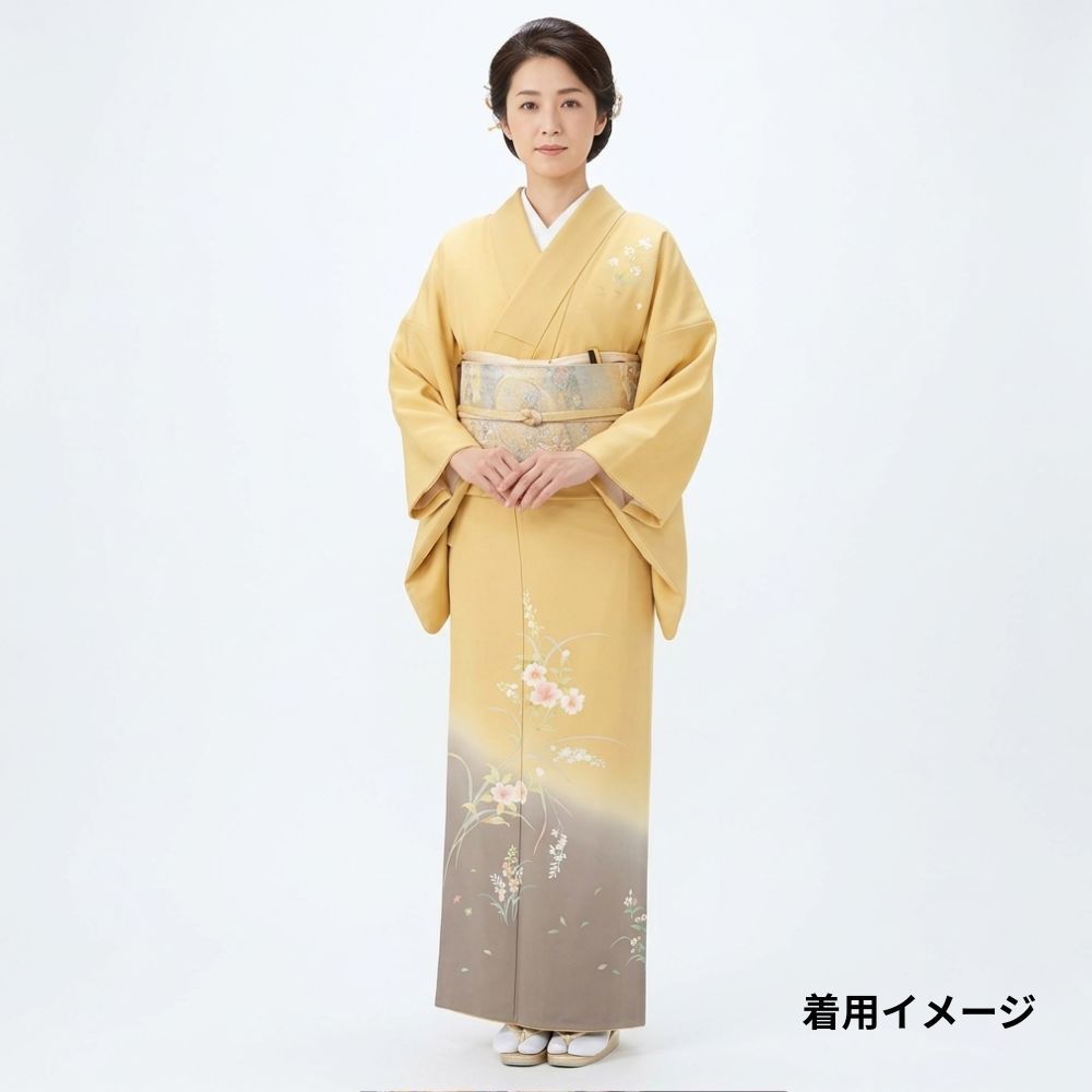 訪問着 正絹 リユース 中古 袷 薄黄色 裾ぼかし 四季草花文様 友禅染