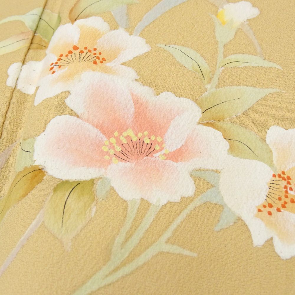 訪問着 正絹 リユース 中古 袷 薄黄色 裾ぼかし 四季草花文様 友禅染