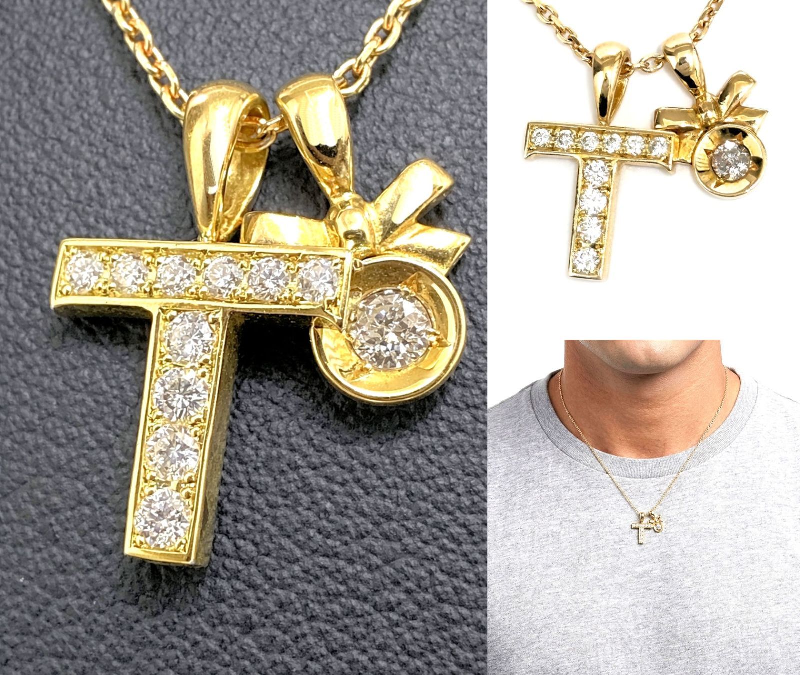 美品 EYEFUNNY アイファニー K18 YG ダイヤモンド T クロス ネックレス