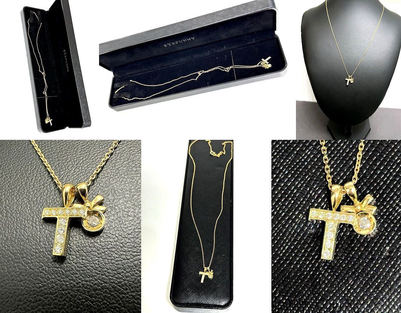 美品 EYEFUNNY アイファニー K18 YG ダイヤモンド T クロス ネックレス