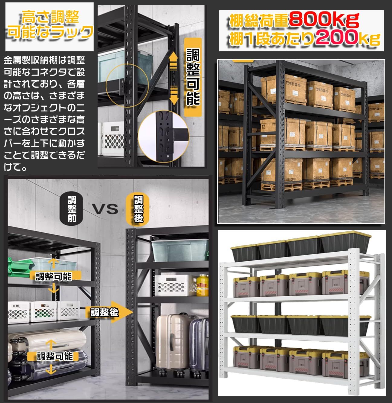 スチールラック 棚 倉庫 耐荷重 200kg/段 (天地4段) メタル 業務用 
