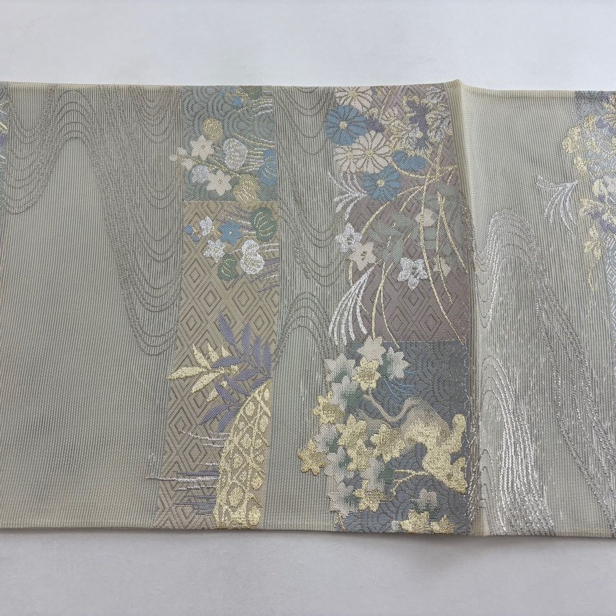 美品】 袋帯 秀品 夏帯 紗 秋草 流水 金銀糸 ベージュ 六通 正絹 