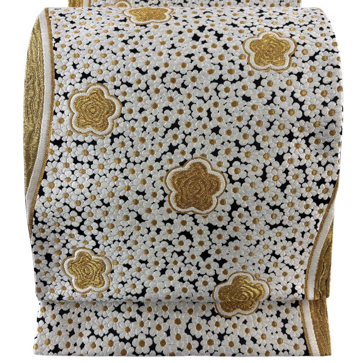 美品】 袋帯 逸品 河合美術織物 落款 京西陣織 花 刺繍 金糸 黒 六通 